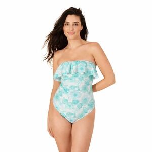 Shade & Shore Floral Ruffle Bandeau Cheeky One Piece Swimsuit Large NWT